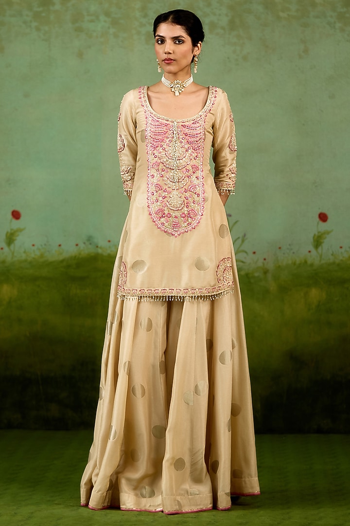 Ivory Silk Brocade Wedding Sharara Set by Shyam Narayan Prasad at Pernia's Pop Up Shop