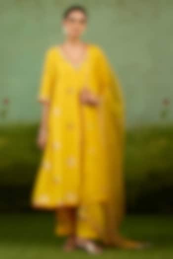 Vibrant Yellow Silk Brocade Hand Embroidered A-Line Kurta Set by Shyam Narayan Prasad at Pernia's Pop Up Shop