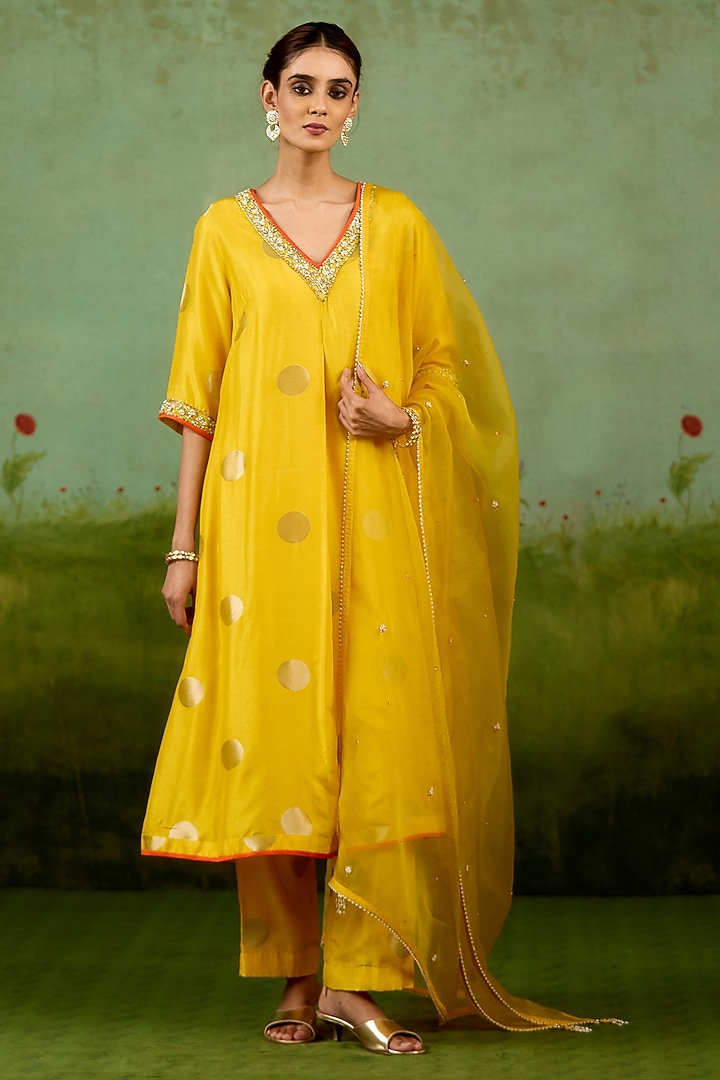 Vibrant Yellow Silk Brocade Hand Embroidered A-Line Kurta Set by Shyam Narayan Prasad at Pernia's Pop Up Shop