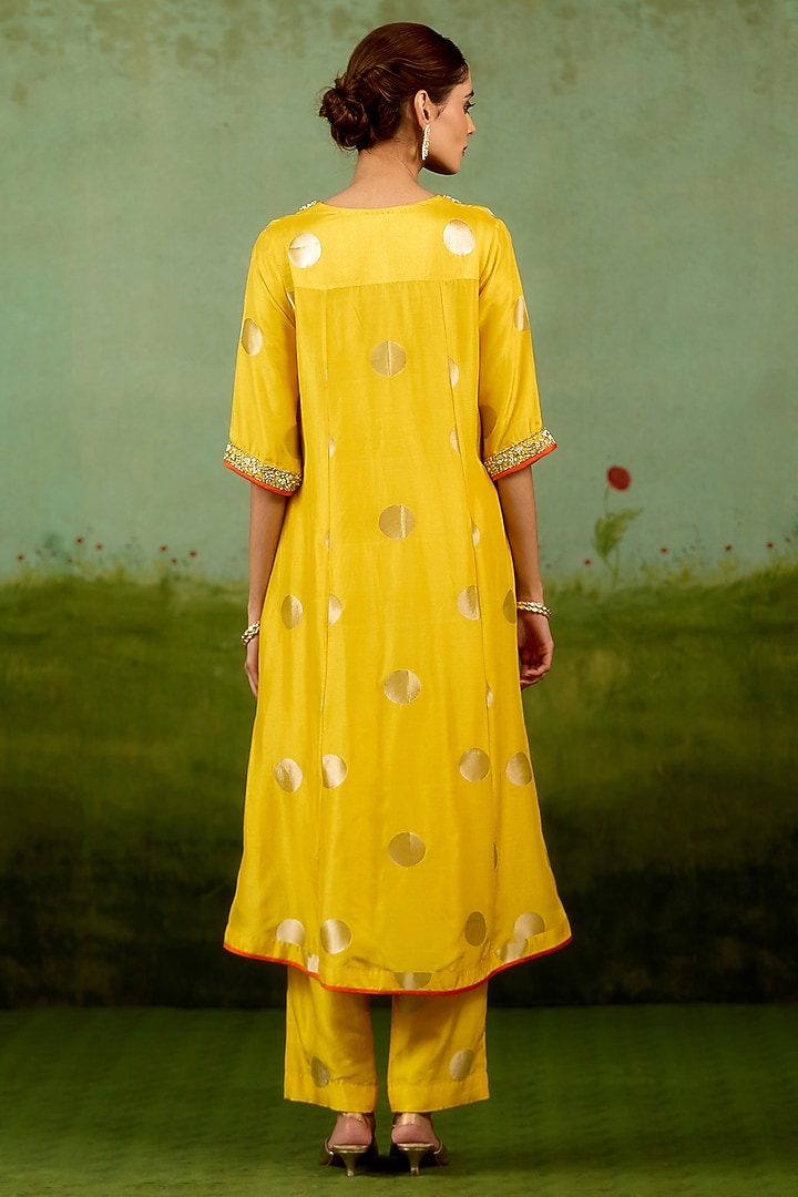 Vibrant Yellow Silk Brocade Hand Embroidered A-Line Kurta Set by Shyam Narayan Prasad at Pernia's Pop Up Shop