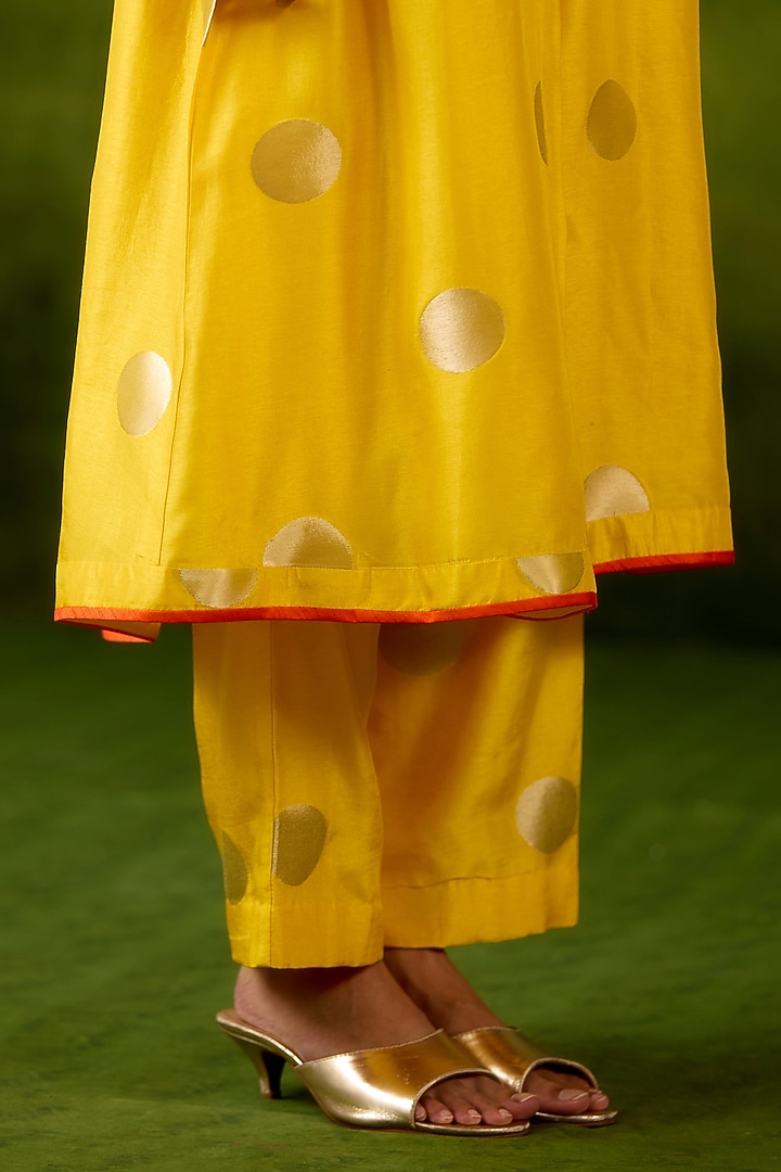 Vibrant Yellow Silk Brocade Hand Embroidered A-Line Kurta Set by Shyam Narayan Prasad at Pernia's Pop Up Shop