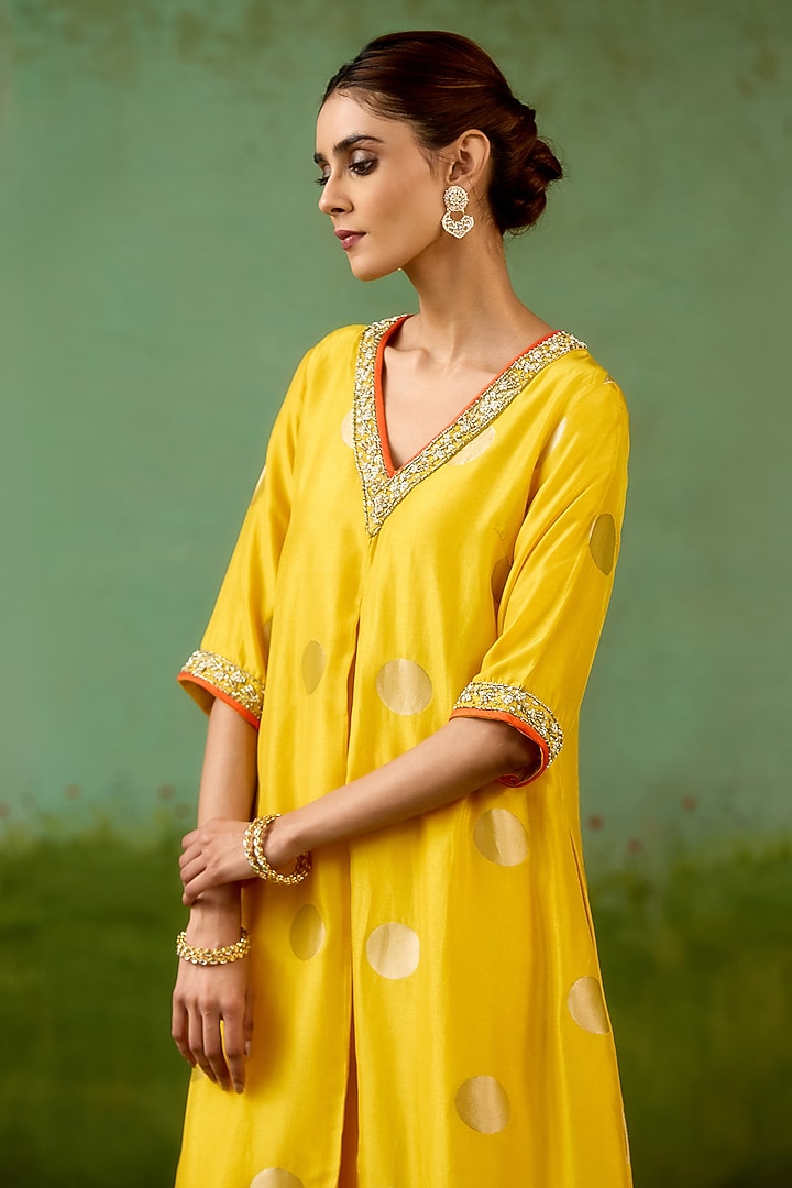 Vibrant Yellow Silk Brocade Hand Embroidered A-Line Kurta Set by Shyam Narayan Prasad at Pernia's Pop Up Shop