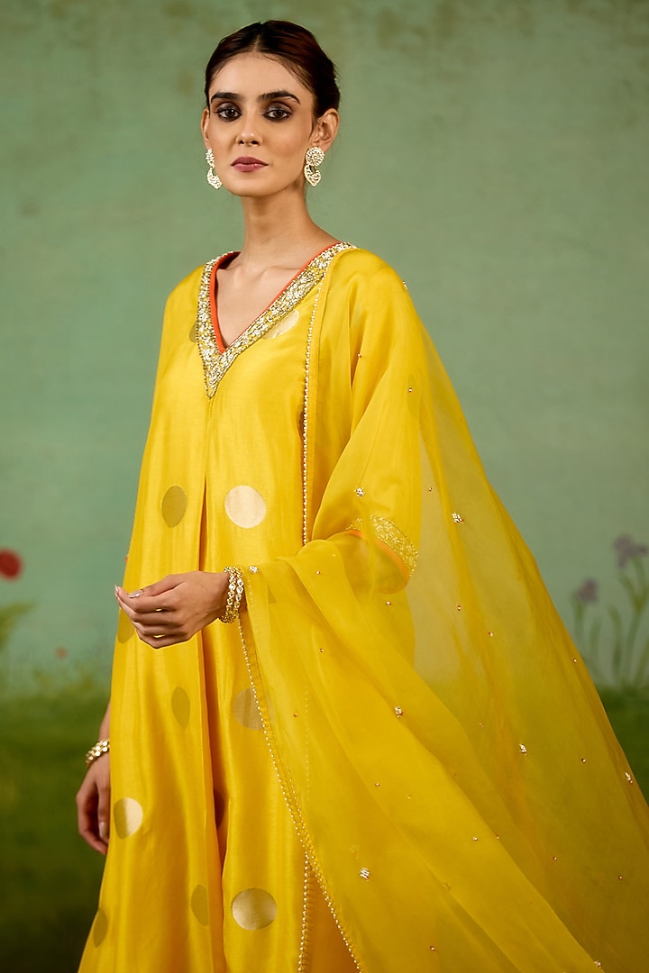 Vibrant Yellow Silk Brocade Hand Embroidered A-Line Kurta Set by Shyam Narayan Prasad at Pernia's Pop Up Shop
