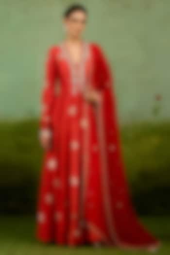 Burnt Orange Silk Brocade Hand Embroidered Party Wear Anarkali Set by Shyam Narayan Prasad at Pernia's Pop Up Shop