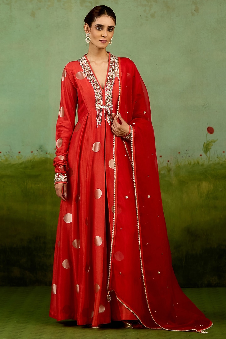 Burnt Orange Silk Brocade Hand Embroidered Party Wear Anarkali Set by Shyam Narayan Prasad at Pernia's Pop Up Shop