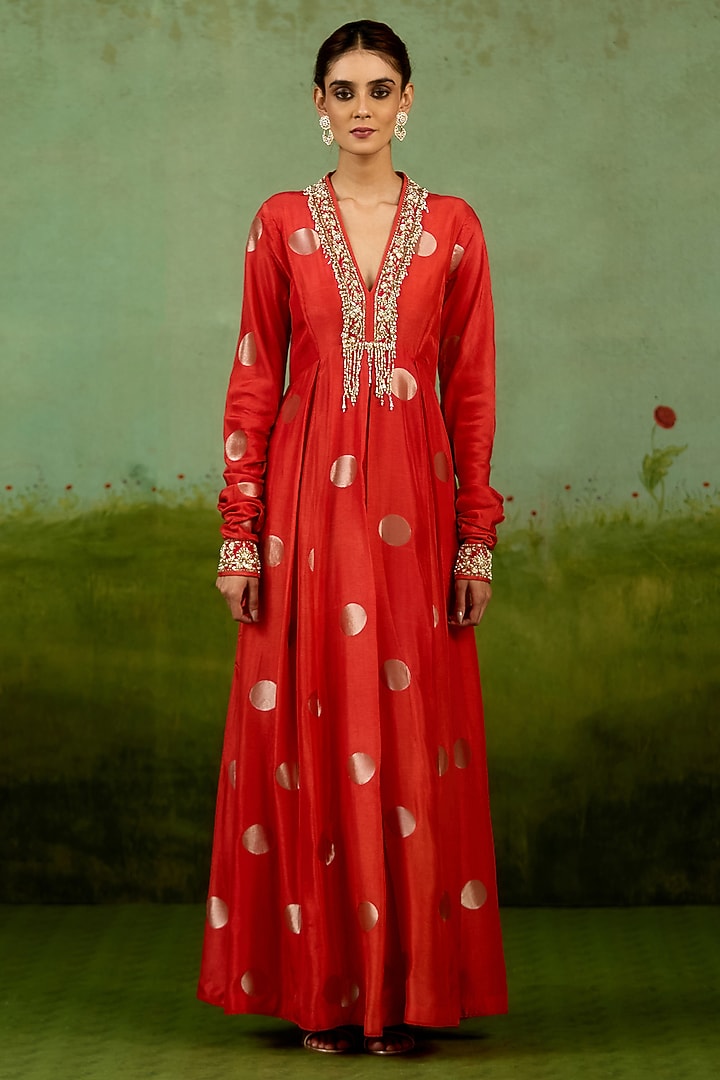 Burnt Orange Silk Brocade Hand Embroidered Party Wear Anarkali Set by Shyam Narayan Prasad at Pernia's Pop Up Shop