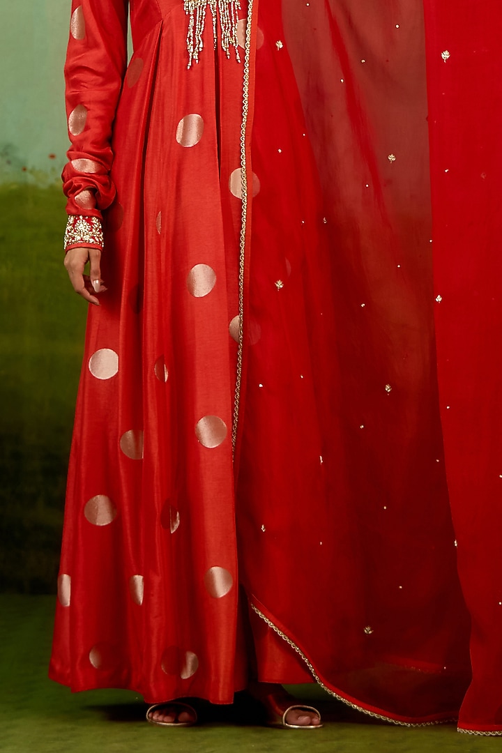 Burnt Orange Silk Brocade Hand Embroidered Party Wear Anarkali Set by Shyam Narayan Prasad at Pernia's Pop Up Shop