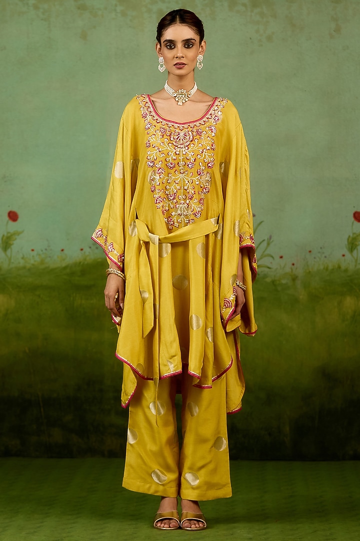 Yellow Silk Brocade Gota Embroidered Kaftan Set by Shyam Narayan Prasad at Pernia's Pop Up Shop