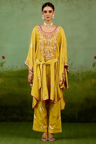 Yellow Silk Brocade Gota Embroidered Kaftan Set by Shyam Narayan Prasad