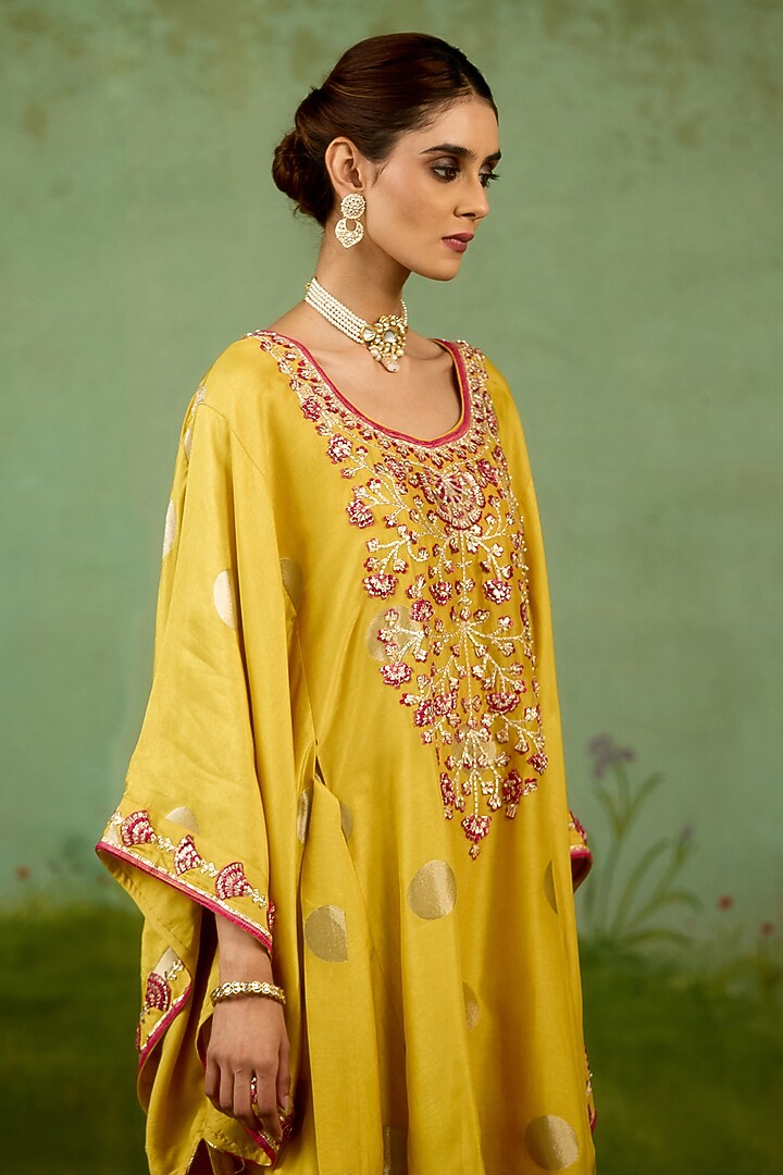 Yellow Silk Brocade Gota Embroidered Kaftan Set by Shyam Narayan Prasad at Pernia's Pop Up Shop