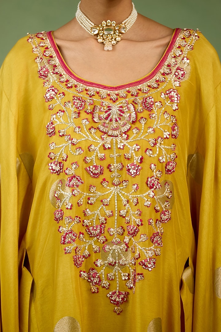 Yellow Silk Brocade Gota Embroidered Kaftan Set by Shyam Narayan Prasad at Pernia's Pop Up Shop