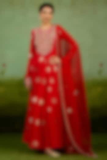 Red Silk Brocade Hand Embroidered Wedding Anarkali Set by Shyam Narayan Prasad at Pernia's Pop Up Shop