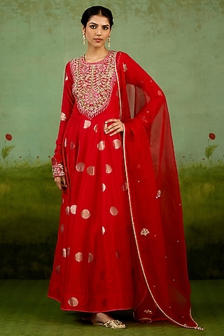 Red Silk Brocade Hand Embroidered Anarkali Set by Shyam Narayan Prasad