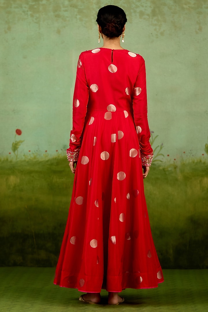 Red Silk Brocade Hand Embroidered Wedding Anarkali Set by Shyam Narayan Prasad at Pernia's Pop Up Shop