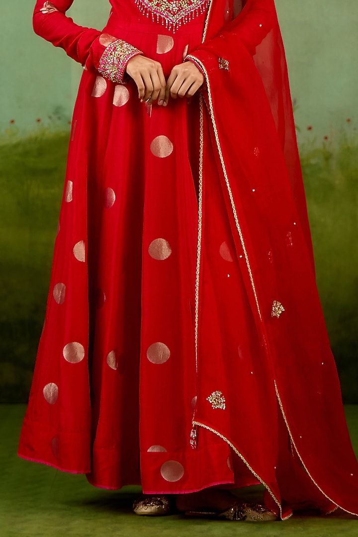 Red Silk Brocade Hand Embroidered Wedding Anarkali Set by Shyam Narayan Prasad at Pernia's Pop Up Shop