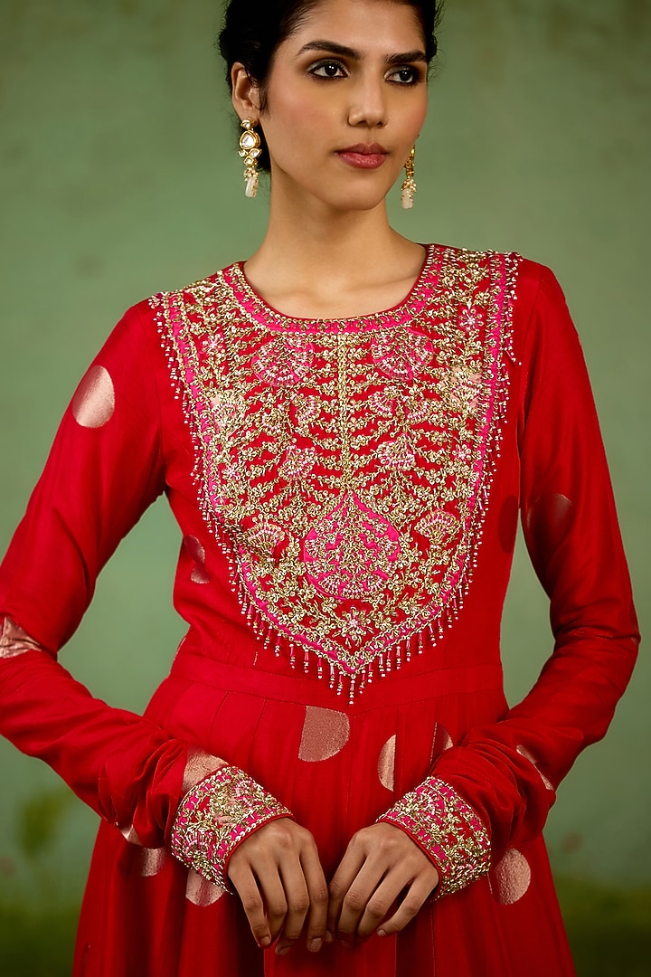 Red Silk Brocade Hand Embroidered Wedding Anarkali Set by Shyam Narayan Prasad at Pernia's Pop Up Shop