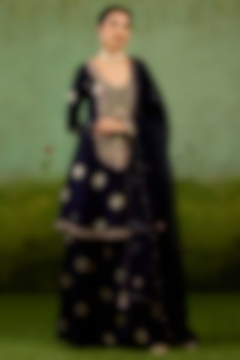 Navy Blue Silk Brocade Wedding Sharara Set by Shyam Narayan Prasad at Pernia's Pop Up Shop