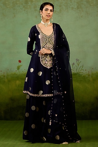 Navy Blue Silk Brocade Sharara Set by Shyam Narayan Prasad
