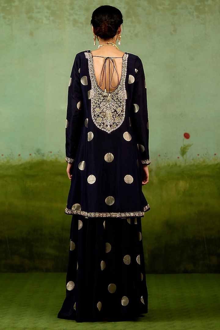 Navy Blue Silk Brocade Wedding Sharara Set by Shyam Narayan Prasad at Pernia's Pop Up Shop