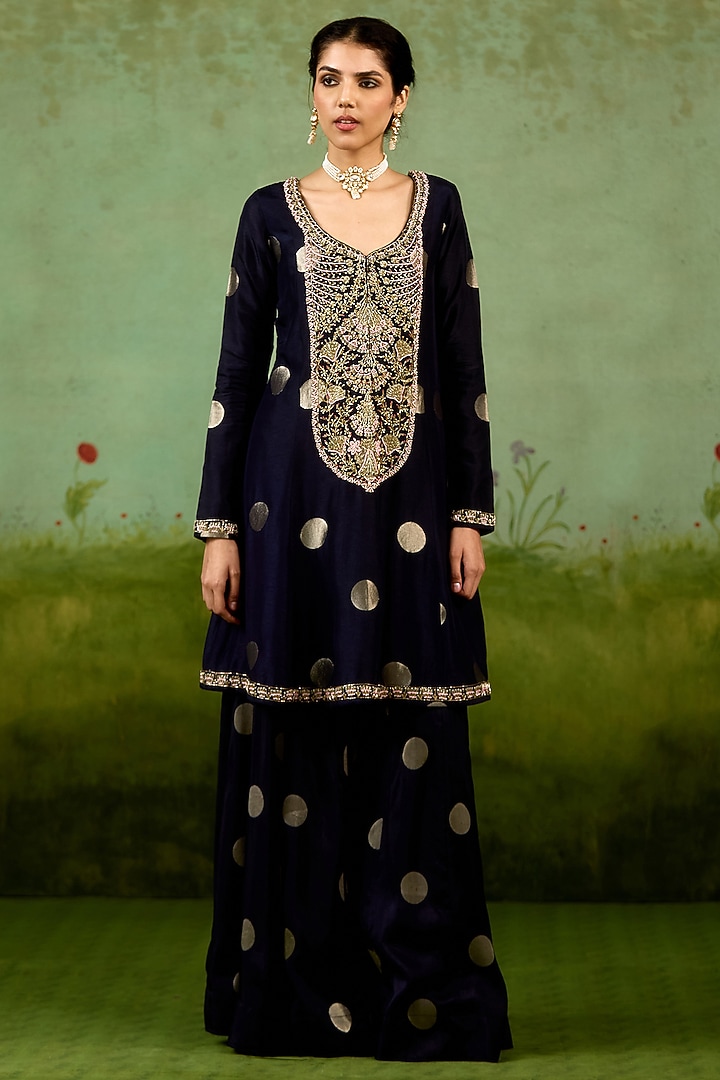Navy Blue Silk Brocade Wedding Sharara Set by Shyam Narayan Prasad at Pernia's Pop Up Shop