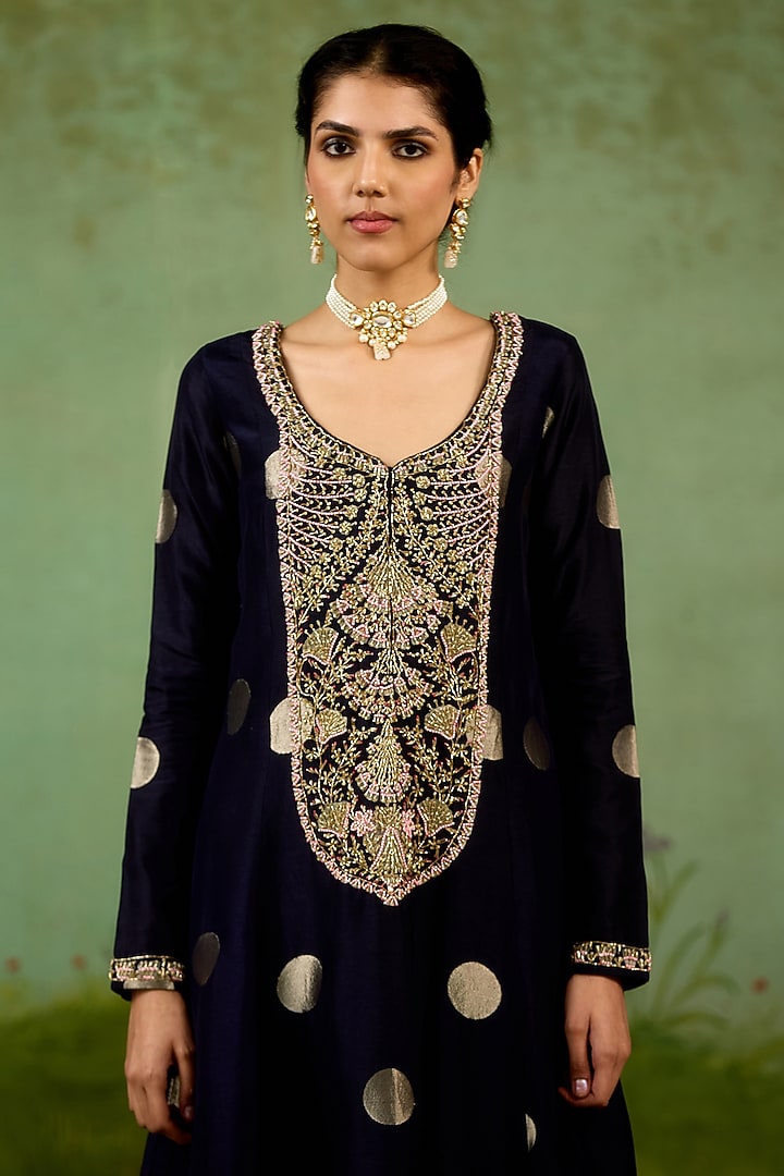 Navy Blue Silk Brocade Wedding Sharara Set by Shyam Narayan Prasad at Pernia's Pop Up Shop