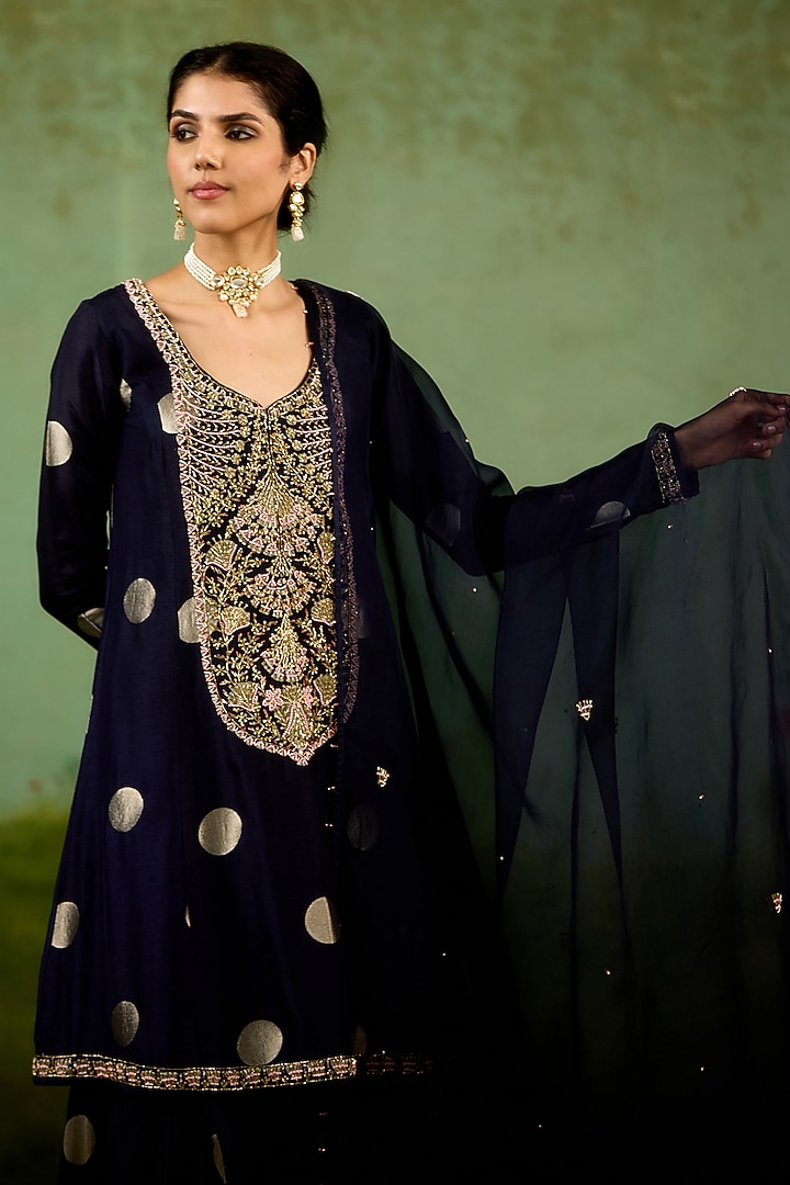 Navy Blue Silk Brocade Wedding Sharara Set by Shyam Narayan Prasad at Pernia's Pop Up Shop