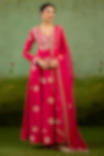 Fuchsia Pink Silk Brocade Hand Embroidered Wedding Anarkali Set by Shyam Narayan Prasad at Pernia's Pop Up Shop