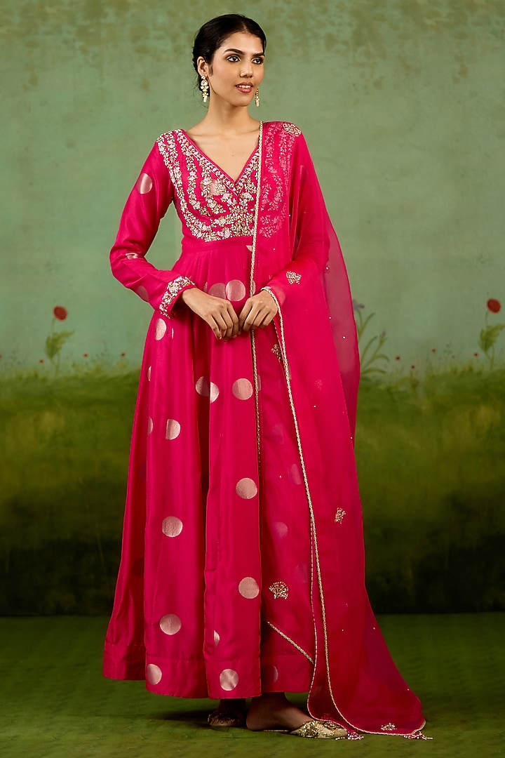 Fuchsia Pink Silk Brocade Hand Embroidered Wedding Anarkali Set by Shyam Narayan Prasad at Pernia's Pop Up Shop