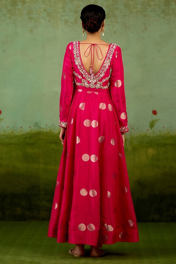 Fuchsia Pink Silk Brocade Hand Embroidered Wedding Anarkali Set by Shyam Narayan Prasad at Pernia's Pop Up Shop