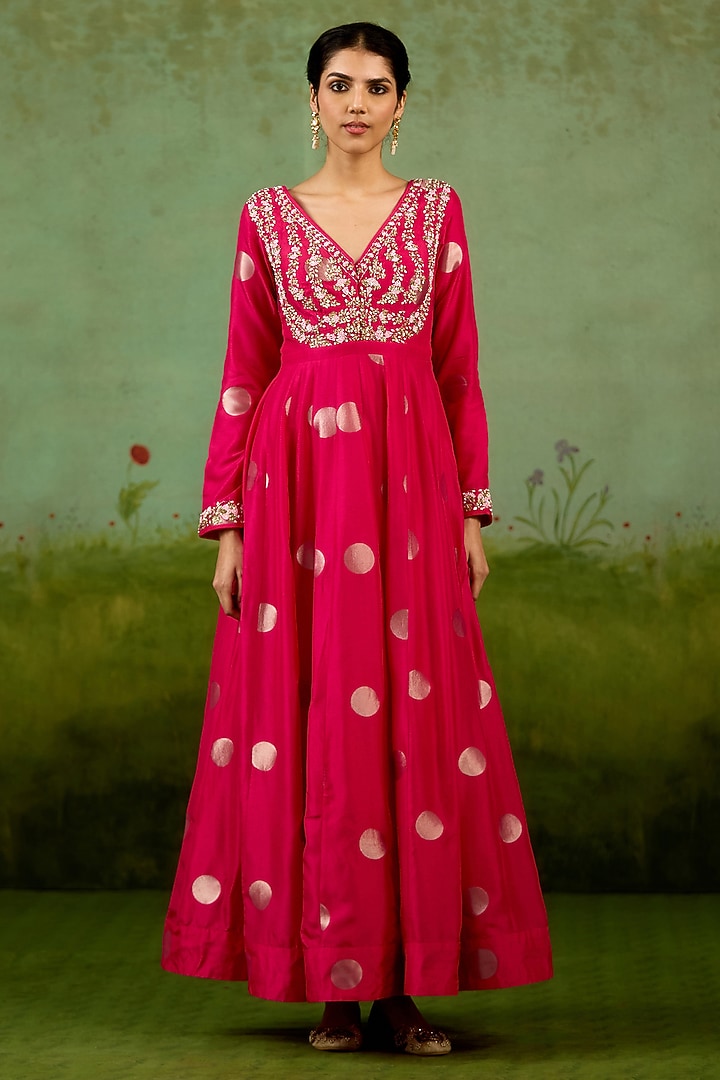Fuchsia Pink Silk Brocade Hand Embroidered Wedding Anarkali Set by Shyam Narayan Prasad at Pernia's Pop Up Shop