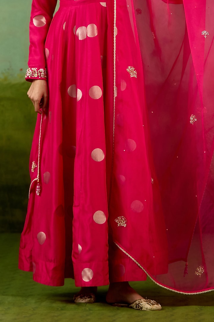 Fuchsia Pink Silk Brocade Hand Embroidered Wedding Anarkali Set by Shyam Narayan Prasad at Pernia's Pop Up Shop