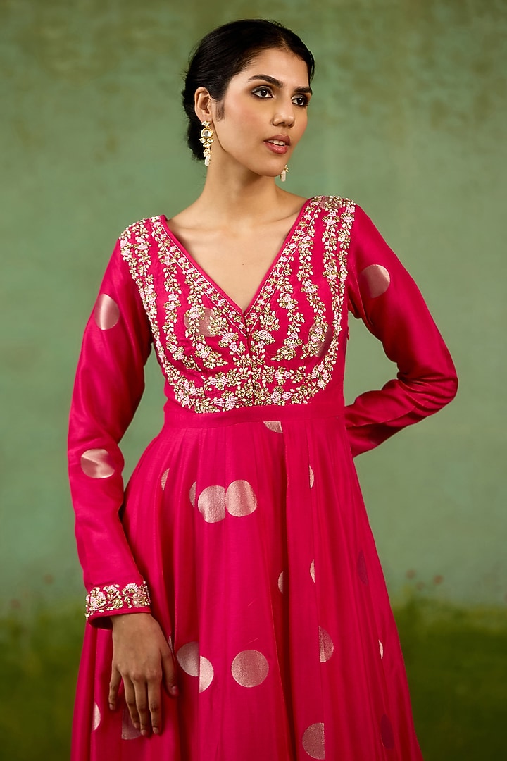 Fuchsia Pink Silk Brocade Hand Embroidered Wedding Anarkali Set by Shyam Narayan Prasad at Pernia's Pop Up Shop