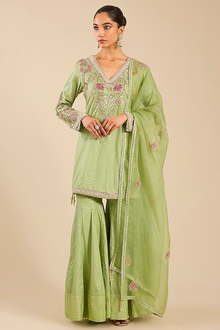 Nile Green Banarasi Silk Wedding Sharara Set by Shyam Narayan Prasad at Pernia's Pop Up Shop