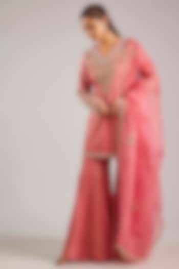 Salmon Pink Banarasi Silk Wedding Sharara Set by Shyam Narayan Prasad at Pernia's Pop Up Shop