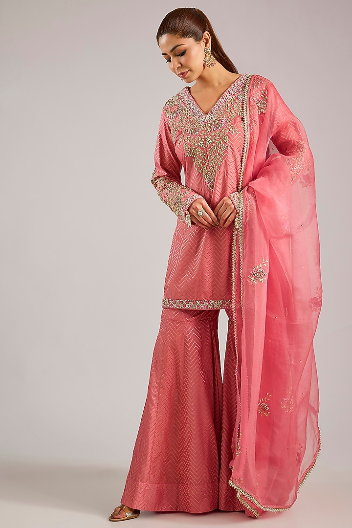Salmon Pink Banarasi Silk Wedding Sharara Set by Shyam Narayan Prasad at Pernia's Pop Up Shop