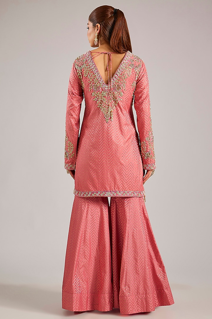 Salmon Pink Banarasi Silk Wedding Sharara Set by Shyam Narayan Prasad at Pernia's Pop Up Shop