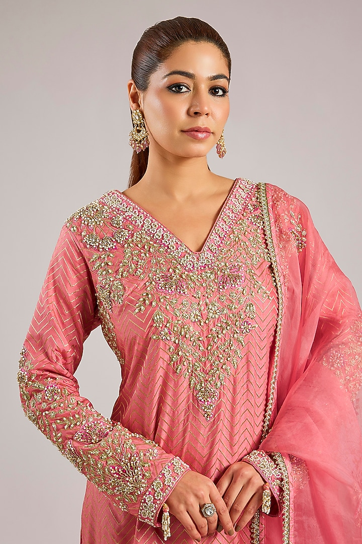 Salmon Pink Banarasi Silk Wedding Sharara Set by Shyam Narayan Prasad at Pernia's Pop Up Shop