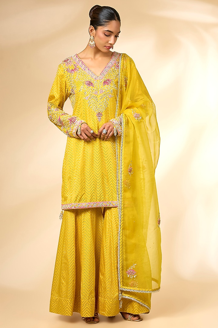 Maize Yellow Banarasi Silk Wedding Sharara Set by Shyam Narayan Prasad at Pernia's Pop Up Shop
