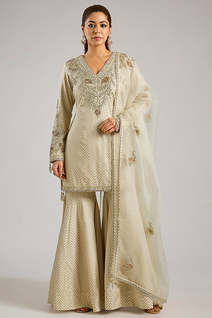 Ivory Banarasi Silk Wedding Sharara Set by Shyam Narayan Prasad at Pernia's Pop Up Shop