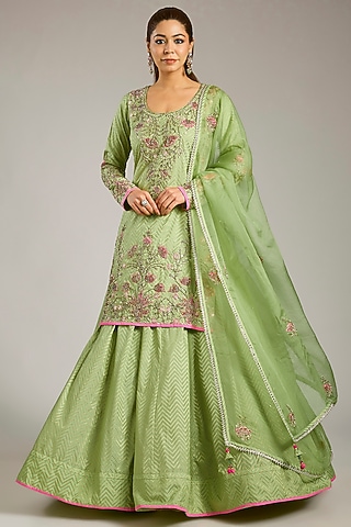 Nile Green Banarasi Silk Skirt Set by Shyam Narayan Prasad