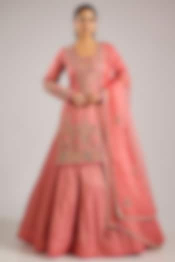 Salmon Pink Banarasi Silk Skirt Set by Shyam Narayan Prasad at Pernia's Pop Up Shop
