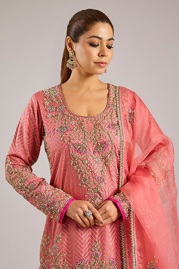 Salmon Pink Banarasi Silk Skirt Set by Shyam Narayan Prasad at Pernia's Pop Up Shop