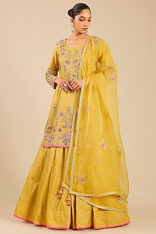 Maize Yellow Banarasi Silk Skirt Set by Shyam Narayan Prasad