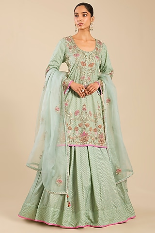 Sea Green Banarasi Silk Skirt Set by Shyam Narayan Prasad