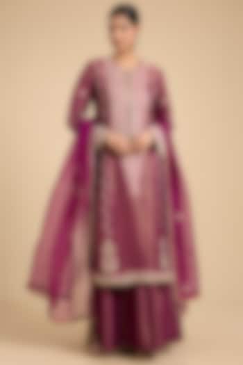 Purple-Wine Banarasi Silk Wedding Sharara Set by Shyam Narayan Prasad at Pernia's Pop Up Shop