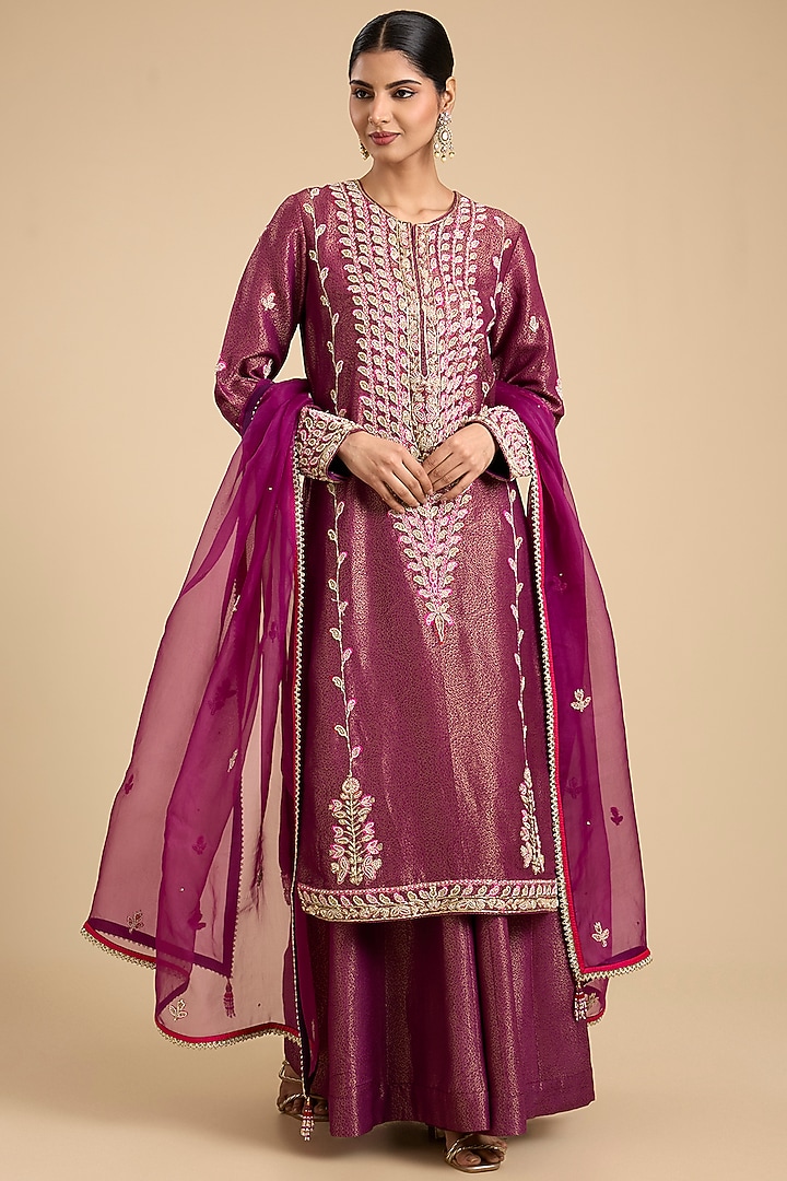 Purple-Wine Banarasi Silk Wedding Sharara Set by Shyam Narayan Prasad at Pernia's Pop Up Shop