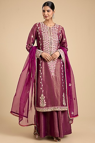 Purple-Wine Banarasi Silk Sharara Set by Shyam Narayan Prasad