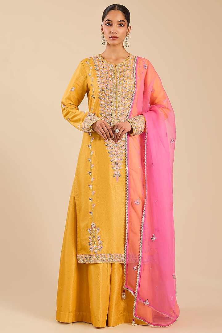Yellow Banarasi Silk Wedding Sharara Set by Shyam Narayan Prasad at Pernia's Pop Up Shop