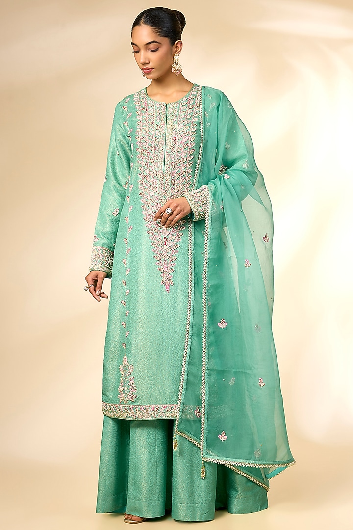 Opal Green Banarasi Silk Wedding Sharara Set by Shyam Narayan Prasad at Pernia's Pop Up Shop