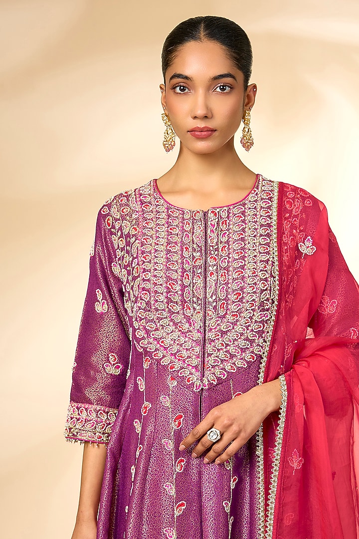 Purple Wine Banarasi Brocade Wedding Anarkali Set by Shyam Narayan Prasad at Pernia's Pop Up Shop